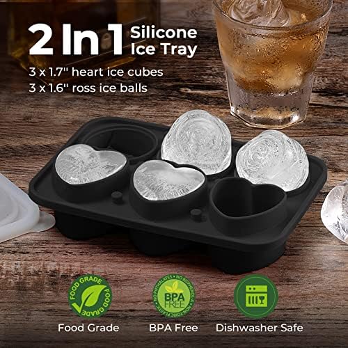 3 Rose & 3 Heart Shaped Ice Cube Tray, MEETRUE Silicone Ice Cube Tray with Clear Funnel-type Lid Novelty Rose Ice Cube Mold Ice Ball Maker Mold Ice Tray for Cocktails Whiskey Chilled Drinks,Black