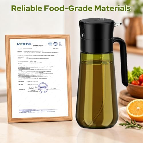 2-in-1 Oil Spray Bottle with Basting Brush, 580ml Light-Proof Glass Olive Oil Dispenser to Preserve Freshness, Ideal for Salad, Baking, Grilling, and Air Frying