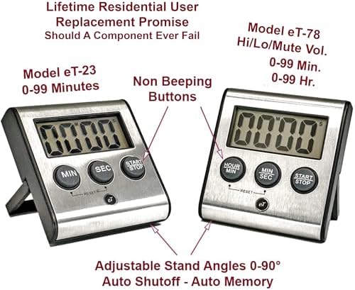 Elegant Digital Kitchen Timer Stainless Steel - Loud Alarm - Model eT-23 (Pack of 2)