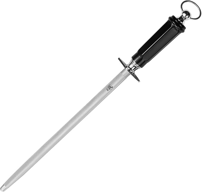 MITSUMOTO SAKARI 12-Inch Round Diamond Knife Sharpening Rod, ABS Handle | Long round diamond surface for larger knives, high carbon steel rod, ABS handle and built-in magnet