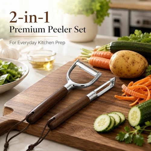Premium 2-Piece Vegetable Peeler Set – Y & Straight Peeler with Walnut Handle, Stainless Steel Multifunctional Kitchen Tool for Potato, Carrot & Fruit Peeling