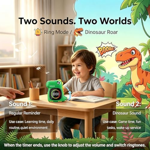 Visual Timer for Kids, Green Dino Kid Timer Clock Potty Training
