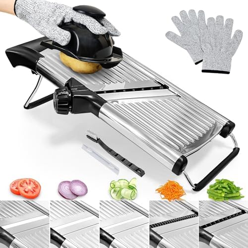 Mandoline Slicer, Adjustable Stainless Steel Slicer, Food Holder and Gloves