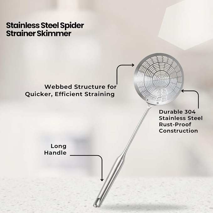 5.4" Stainless Steel Spider Strainer Skimmer – Long-Handle Slotted Spoon for Cooking, Frying, Pasta, Noodles, and Spaghetti