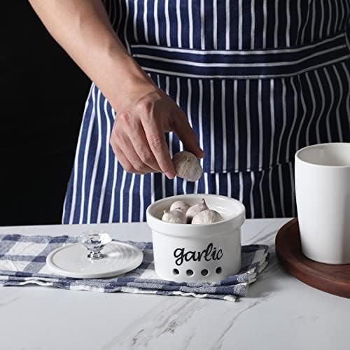 Garlic Keeper with Crystal Lid, 12.5 oz Ceramic Garlic Saver Container for Countertop, Farmhouse Kitchen Decor (Silver)