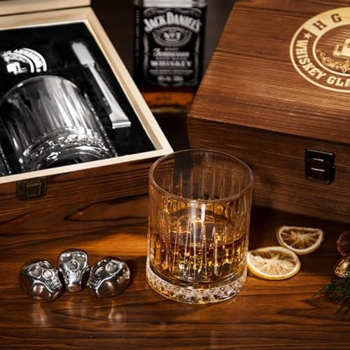 Whiskey Gift Set – 2 Bourbon Glasses with 6 Skull Whisky Stones, Cool Bourbon Scotch Set Gifts, Skull Gifts for Men Dad Husband, Drinking Gift for Holiday Father's Day Birthday
