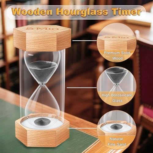 Sand Timer 1 Minute Hourglass, Natural Wood Grain Hexagonal Hour Glass Blaçk Sand Clock 1 Minutes, Reloj De Arena, Wooden Sandglass Sand Watch 1 Min for Rustic Decor, Office, Game, Classroom