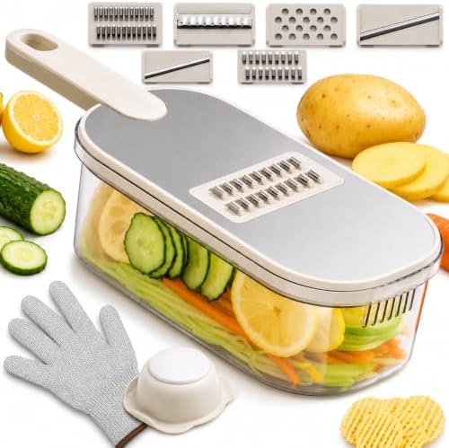 Mandoline Slicer, Vegetable Cutter, Container, Glove & Guard, 6-Blade