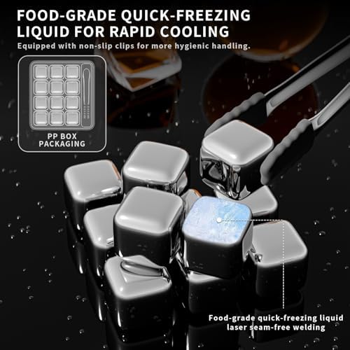 ShanSon Wine Chillers Metal Ice Cube 12 PCS Stainless Steel Whiskey Stones Reusable Whiskey Rocks Beverage Chilling Stones for Scotch and Bourbon Drinking Gifts Set for Men Dad Husband,Silver