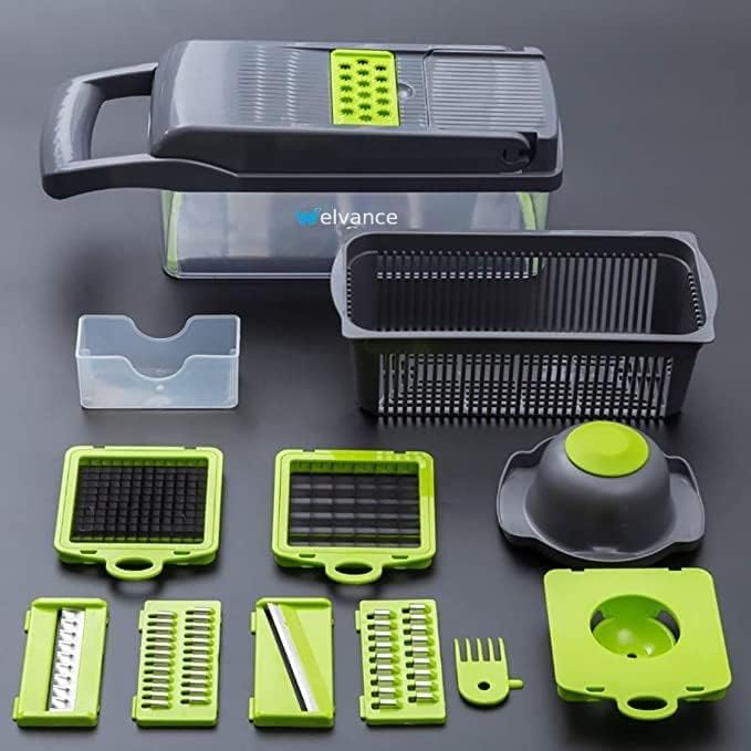 Multi-functional Vegetable Chopper with container, Salad Cutter & Fruit Slicer - Ultra-Sharp Stainless Steel Blades, Compact Onion Chopper & Potato Slicer, Versatile Kitchen Helper - BPA Free