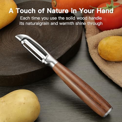 JUSEEPO Premium Vegetable Peeler, I Type Swivel 304 Stainless Steel Blade Comfortable Solid Wood Handle, Practical Gift for Restaurant Baking Chef Woman for Veggie, Fruit, Potato(Merbau)