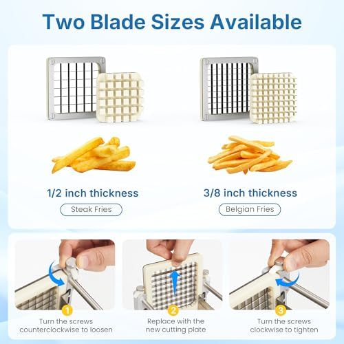 Commercial French Fry Cutter with 1/2 Inch & 3/8 Inch Blade, Heavy Duty Potato Slicer, Potatoes Cutter for Potatoes, Carrots, Cucumber, Onion, Yam, Stainless Steel