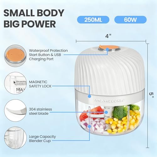 Electric Garlic Chopper 250ML, Mini USB Rechargeable Veggie Chopper, Cordless Garlic Mincer Onion Chopper Food Chopper for Ginger Chili Meat Sauce, Wireless Food Processor, White
