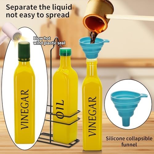 Farmhouse Oil and Vinegar Dispenser Set, 17 oz, beautiful olive oil dispenser, includes a black steel rack and a funnel, vintage cruets for vinegar and oil (Yellow)