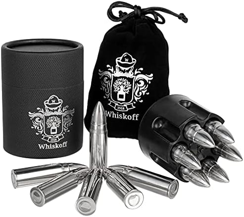 Whiskey Stones Gift Set for Men - Stainless Steel Ice Cubes Set - Whiskey Ice Cubes with Revolver Freeze Base - Reusable Stones Ice Cube Rocks Whisky Christmas Birthday Gifts for Men, Dad, Husband