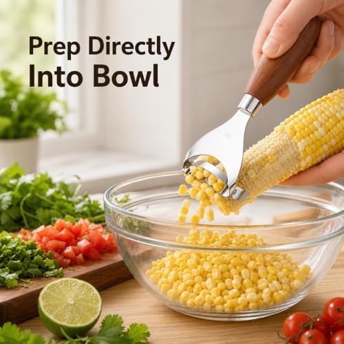 Phmnkl Corn Kernel Remover, 1-Second Stainless Steel Corn Stripper with Walnut Handle, Dishwasher Safe Kitchen Tool for Salad Salsa Popcorn, BBQ Prep Gadget, Farmhouse Kitchen Gift