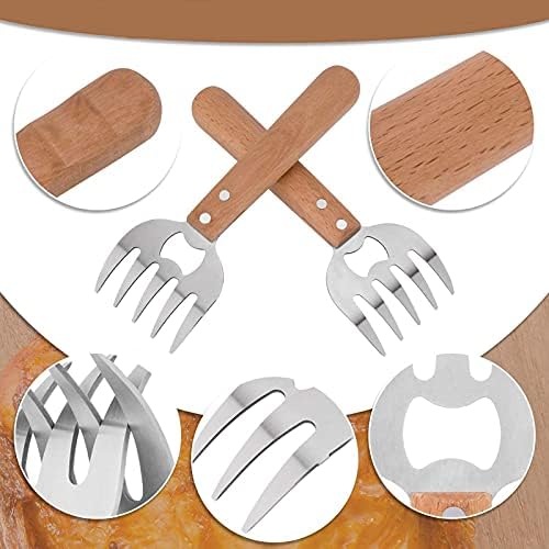 Meat Shredding Claws Stainless Steel BBQ Shredder Claws Fork Meat Shredder Splitter with Long Wooden Handle Bottle Opener for Pork Chicken Beef
