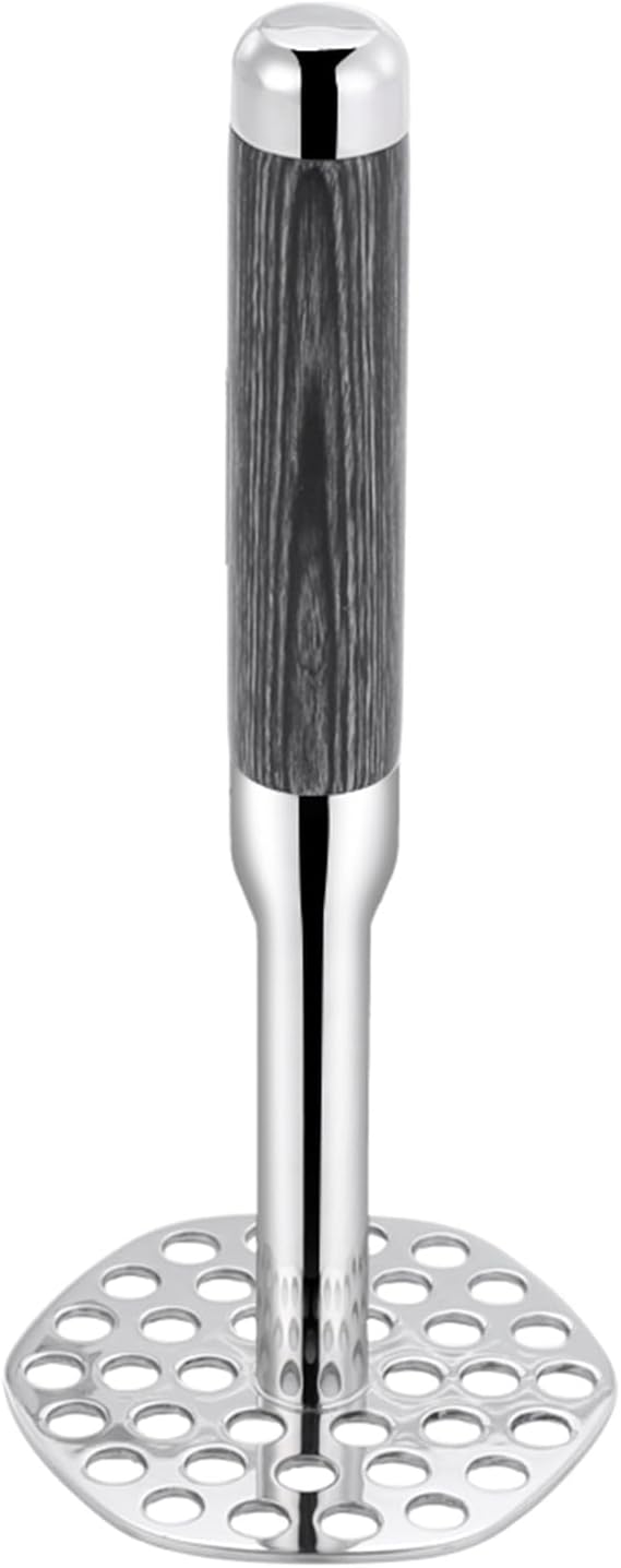 316 Stainless Steel Potato Masher, 10 Inch Heavy Duty Masher with Ergonomic Wood Handle, for Smooth Mashed Potatoes, Guacamole, Baby Food