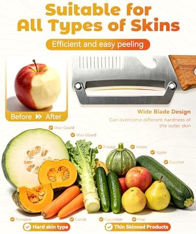 Shredder - 3-in-1 Multifunctional Vegetable Peeler with Bottle Opener & Julienne Shredder, Wide Stainless Steel Blade and Non-slip Wooden Handle, Peeler Knife for Fruits, Vegetables (1pcs)