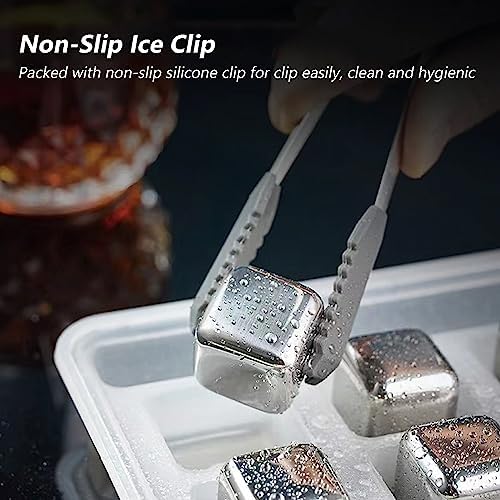 8-Pack Whiskey Metal Ice Cubes, Stainless Steel Ice Cubes, Reusable Whiskey Stones for Scotch and Bourbon, Barware Tool Set With Ice Tongs, Freezer Storage Tray and Disposable Ice Cube Bags