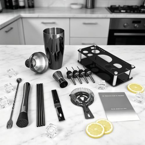 14-Piece Cocktail Shaker Set with Stand, Bartender Kit, 25oz Shakers, Bar Set Cocktail Shaker Set, Jigger for Bartending Kit, Drink Mixer Set, Cocktail Set Recipes Booklet Home, Bar, Party (Black)