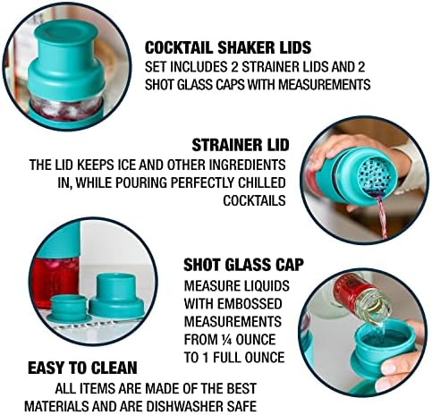 Masontops Cocktail Shaker Lids – Compatible with any Regular Mouth Mason Jar – 2-Pack with 1oz Jigger Caps - Teal