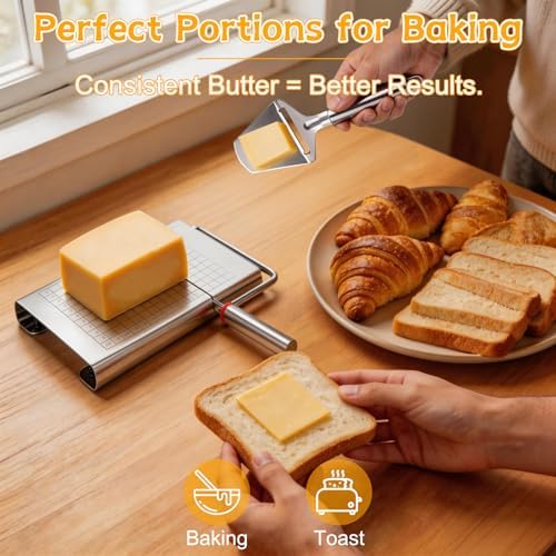 Cheese Slicer, Stainless Steel Cheese Cutter Board and Measuring Grids, Multipurpose Cheese Cutter for Block Cheese, Butter, Sausages, Fruits Kitchen Gadget Cheese Tool