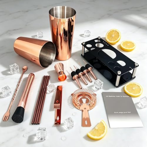 Professional Cocktail Shaker Set with Stand Cocktail Recipes, 15-Piece 750/600ml Bartender Kit, Bar Sets Bartending Kit Bar Tool Set 25/20oz Boston Shakers, Jigger, Muddler (Rose Gold)