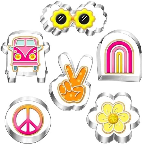 LUBTOSMN Large Groovy Cookie Cutter Set-6 Piece-VW Van, Peace Hand, Daisy, Floral Sunnies, Rainbow and Circle-Diswasher Safe-Cookie Cutters Shapes for Two Groovy One Birthday Party Decoratons