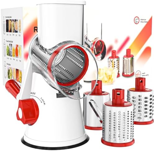 Cambom Rotary Cheese Grater Hand Crank Cheese Shredder for Fresh Cheese, Vegetable, Nuts,Non-slip Suction Base, Free Cleaning Brush Three Blades,Red White