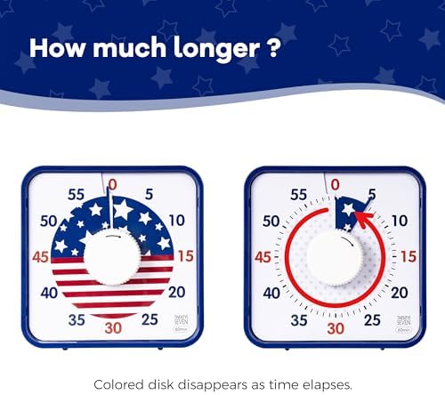TWENTY5 SEVEN Countdown Timer 7.5 inch; Patriotic 60 Minute 1 Hour Visual Timer, Classroom Teaching Tool Office Meeting, Mechanical Magnetic Countdown Clock for Kids Exam Time Management, Blue