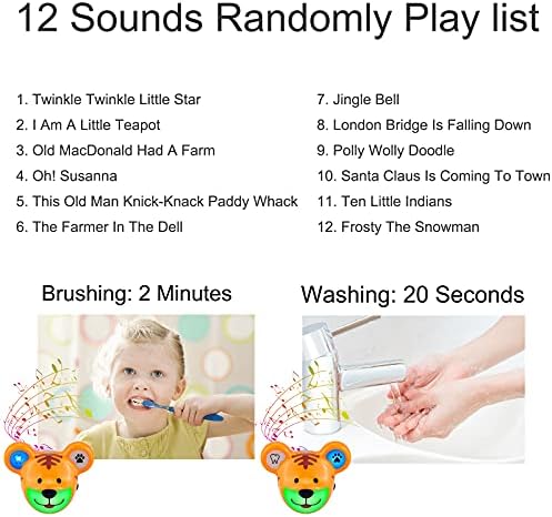 LUXSWAY Cute Animal Toothbrushing Timer for Kids with Musical Volume, 2 Minute Kid Timer for Teeth, 20 Seconds Wash Hand for Kids Training, Rechargeable Colored Led Light Visual- Tiger