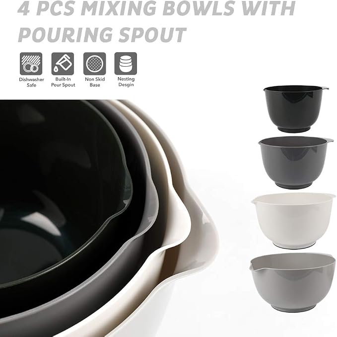 BoxedHome Classic Mixing Bowl Set of 4, BPA Free Plastic | 3.5 quarts, Microwave Safe, Grey