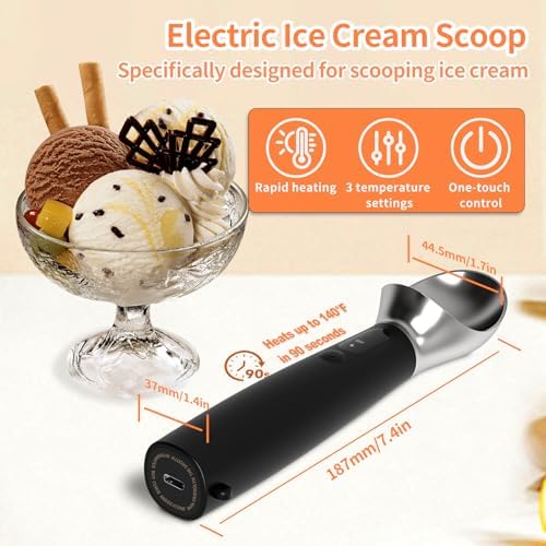 Heated Ice Cream Scoop Rechargeable, IP67 Waterproof Electric Warming Ice Cream Scooper with LED Display, Heats to 70°C for Hard Ice Cream, Easy for Seniors & Kids (Black)