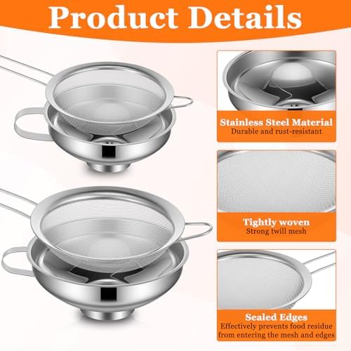 Kenaoeoe 4 PCS Stainless Steel Canning Funnel and Can Strainer Set Wide and Regular Mouth Kitchen Funnels with Fine Mesh Strainers for Kitchen Use