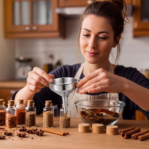 2 Sets Kitchen Stainless Steel Funnel Set Filter Funnel Wide Mouth and Narrow Mouth Each with Removable Fine Mesh Strainer Food Grade Cooking Kitchen with Handles for Liquids Jars Bottles