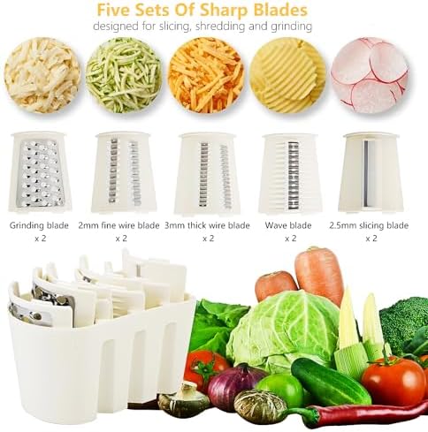 Rotary Cheese Grater with Handle: 5 in 1 Cheese Grater Hand Crank Cheese Shredder with Strong Suction Base Kitchen Vegetable Slicer with 5 Interchangeable Blades, Storage Box, White