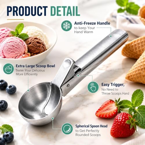 Ice Cream Scoop, Stainless Steel with Trigger & Comfortable Handle, Dishwasher Safe, DIY Ice Cream, Cookie Dough, Muffin, Baking, Sorbet, Gelato, Fruit (black)