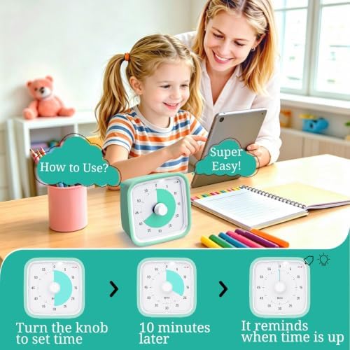 Visual Timer for Kids and Adult, 60-min Countdown Timer, LightCyan