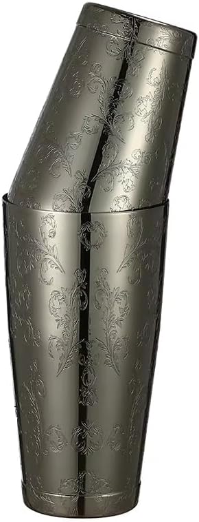 Stainless Steel Boston Shaker with Etched Pattern Weighted Shaking Tin Set (Leaf Black)