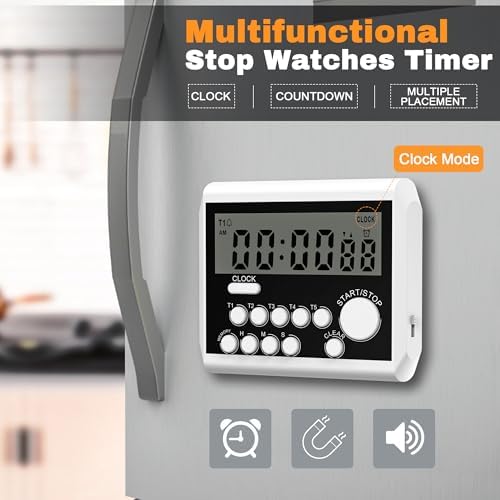 XREXS 5 Channels Digital Kitchen Timer, Clock Mode with Large LCD Display, Cooking Timer, Loud Volume Alarm and Flashing Light with Magnetic Back, Stand, Battery Included