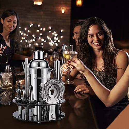 21 Piece Stainless Steel Cocktail Shaker Set Bartender Kit, 25oz Boston Shaker Tool Set with Acrylic Stand and Recipes, Perfect Bar Tools Set for Home or Parties