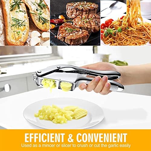 Garlic Press Stainless Steel, 2 in 1 Garlic Mincer, Garlic Slicer, Dual Function Garlic Crusher, Professional Handheld Garlic Squeezer Tool with Anti-Slip Handle, Perfect for Home Cooks