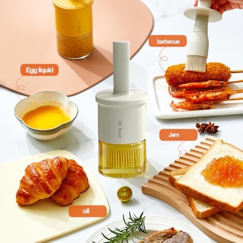 Glass Oil Dispenser with Heat Resistant Brush,Oil Dispenser Bottle with Silicone Pastry Brush for Kitchen,Cooking Vinegar and Sauce BBQ Grill Frying (Oil Dispenser-White)