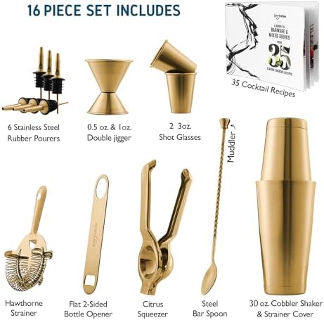 Bar Set Cocktail Shaker Set, Stainless Steel Mixology Bartender Kit, 16 Piece Cocktail Kit, Gold Cocktail Set, Bar Tools: 30oz Martini Shaker, Muddler, Bar Kit Cocktail Book, Jigger and Pourers