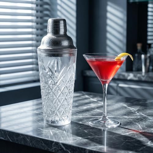 Elegant Glass Cocktail Shaker Set - Herringbone Design, 15oz Capacity, Leakproof Stainless Steel Top - Perfect for Bartending Enthusiasts