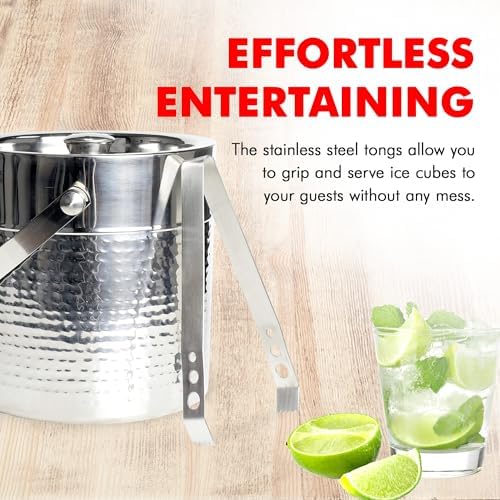 Chef Craft Hammered Ice Bucket with Tongs, Elegant Rust-Resistant Stainless Steel Ice Bucket, 3-Quart Ice Bucket Ice Buckets for Parties, Large Ice Bucket for Indoor or Outdoor Use