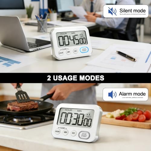 Digital Kitchen Timer Magnetic Loud Alarm, Large LCD Screen Silent/Beeping Multi-Function for Teachers Classroom Kids, Silver