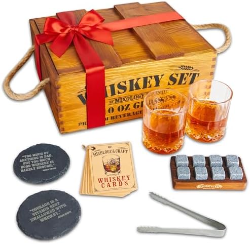 Mixology & Craft Premium Whiskey Set | Two 10oz Cystal Old-Fashioned Glasses, 8 Granite Chilling Stones, Metal Tongs, Recipe Cards in Rustic Wooden Crate Gift Set | Jameson Whiskey