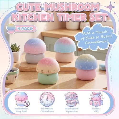 Amylove 4 Pcs Cute Mechanical Kitchen Timer Mushroom 60 Minutes